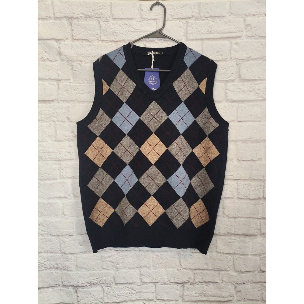 Herothorn Men's Navy Argyle Sweater Vest XL Preppy Academia Career Office Nerdy